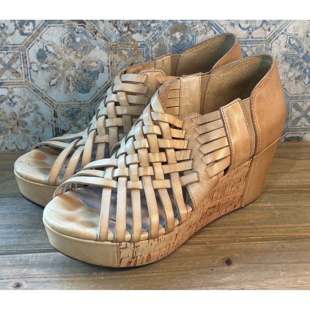 Chocolat Blu Woven Leather Cork Platform Wedge BOHO Sandals Womens 7 Tan